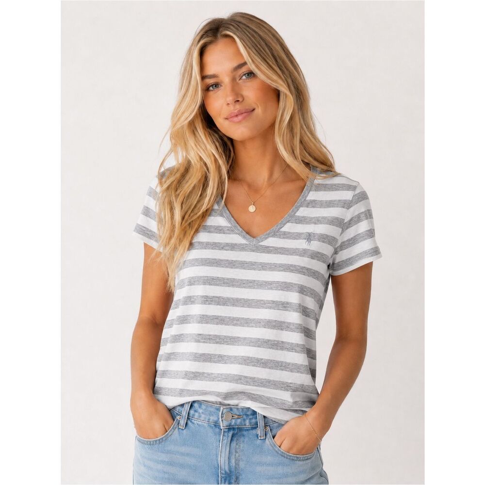 Polo by Ralph Lauren Gray & White Striped V-Neck Tee